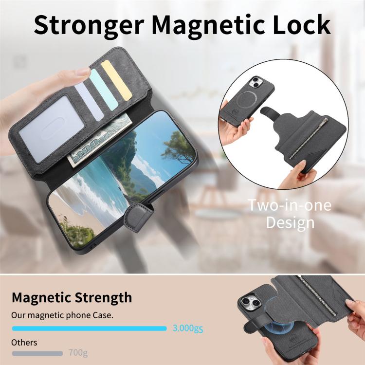For iPhone 14 Plus Twill Fabric MagSafe RFID Anti-theft Zipper Wallet Leather Phone Case