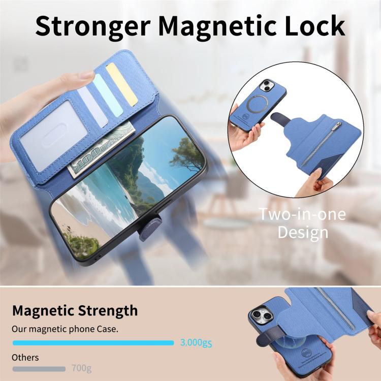 For iPhone 14 Plus Twill Fabric MagSafe RFID Anti-theft Zipper Wallet Leather Phone Case