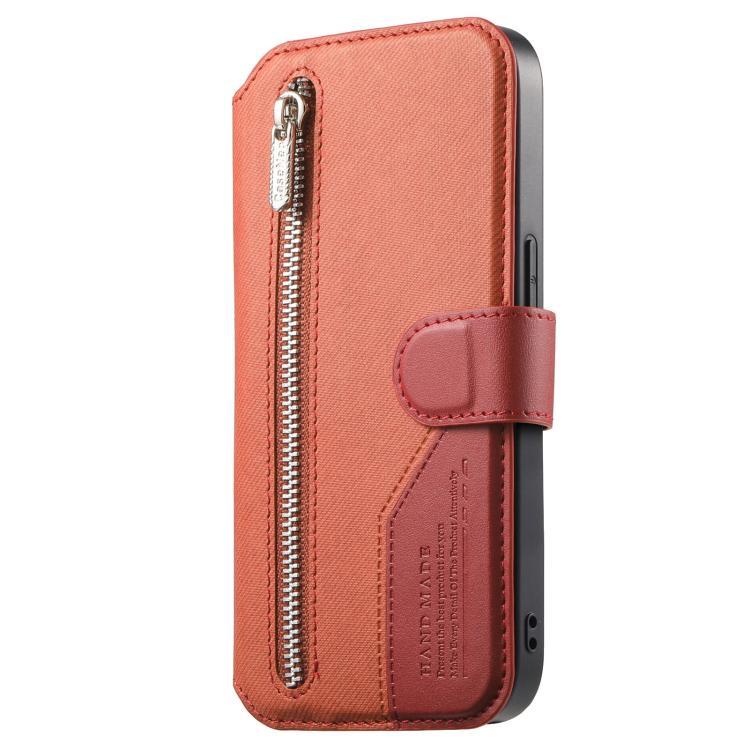 For iPhone 14 Plus Twill Fabric MagSafe RFID Anti-theft Zipper Wallet Leather Phone Case