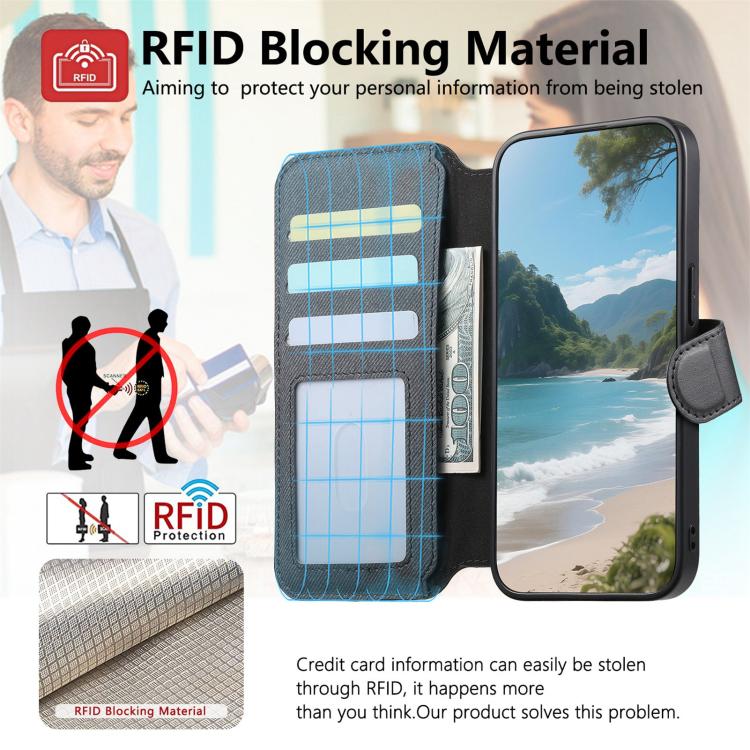 For iPhone 14 Twill Fabric MagSafe RFID Anti-theft Zipper Wallet Leather Phone Case