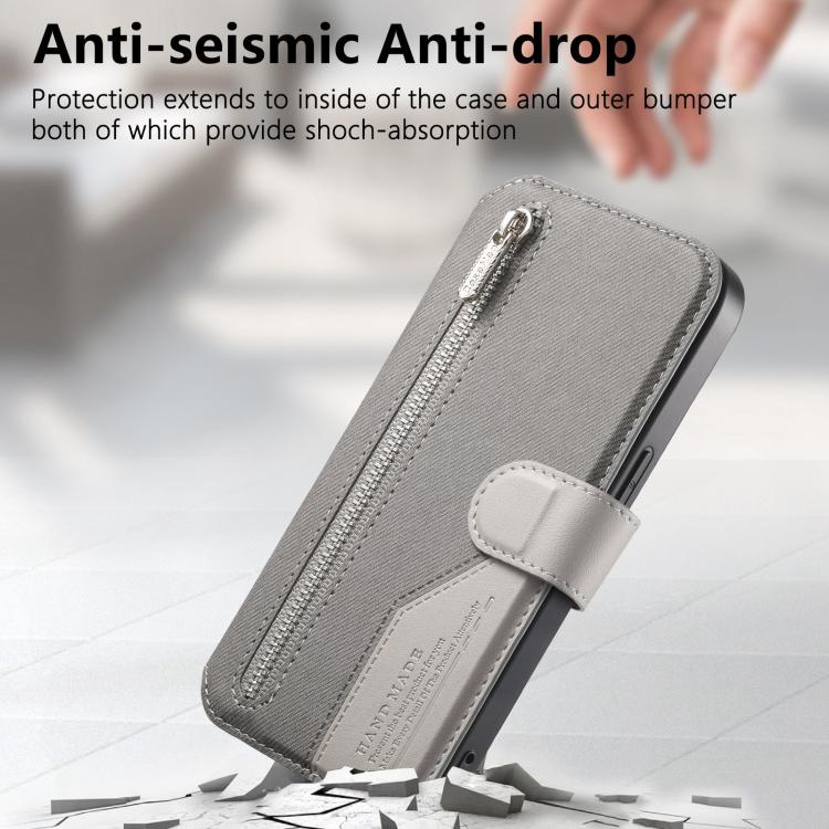 For iPhone 13 Pro Max Twill Fabric MagSafe RFID Anti-theft Zipper Wallet Leather Phone Case