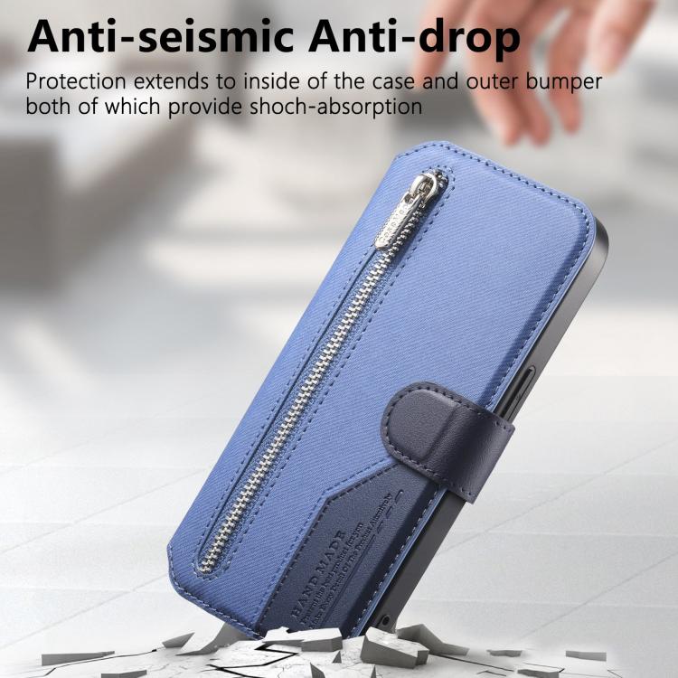 For iPhone 13 Twill Fabric MagSafe RFID Anti-theft Zipper Wallet Leather Phone Case