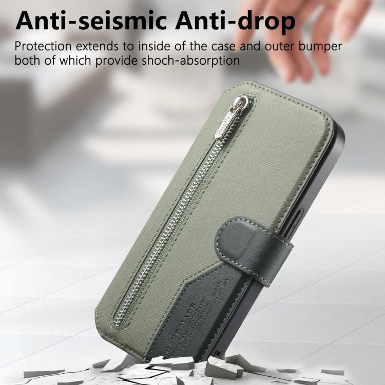 For iPhone 13 Twill Fabric MagSafe RFID Anti-theft Zipper Wallet Leather Phone Case