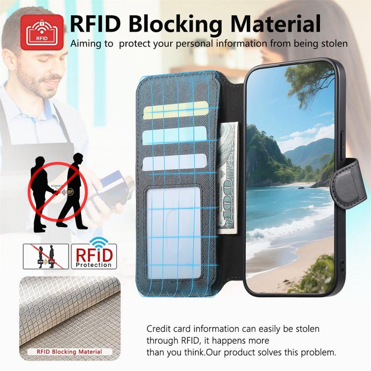 For iPhone 12 Twill Fabric MagSafe RFID Anti-theft Zipper Wallet Leather Phone Case