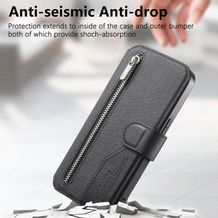 For iPhone 12 Twill Fabric MagSafe RFID Anti-theft Zipper Wallet Leather Phone Case