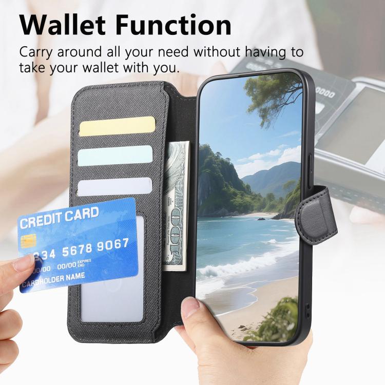 For iPhone 12 Twill Fabric MagSafe RFID Anti-theft Zipper Wallet Leather Phone Case