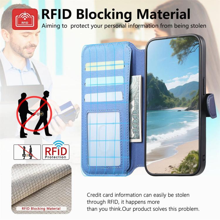 For iPhone 12 Twill Fabric MagSafe RFID Anti-theft Zipper Wallet Leather Phone Case