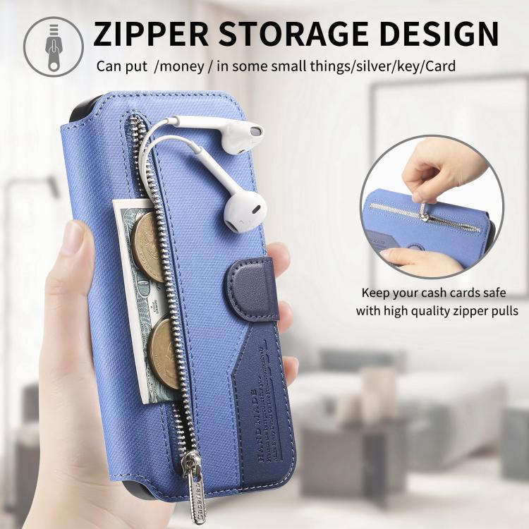 For iPhone 12 Twill Fabric MagSafe RFID Anti-theft Zipper Wallet Leather Phone Case