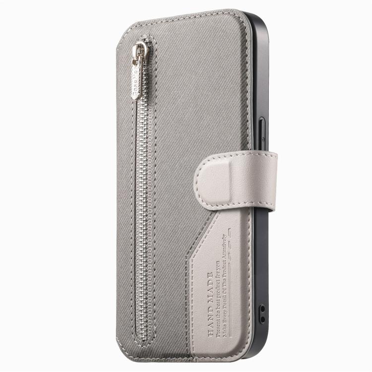 For iPhone 12 Twill Fabric MagSafe RFID Anti-theft Zipper Wallet Leather Phone Case