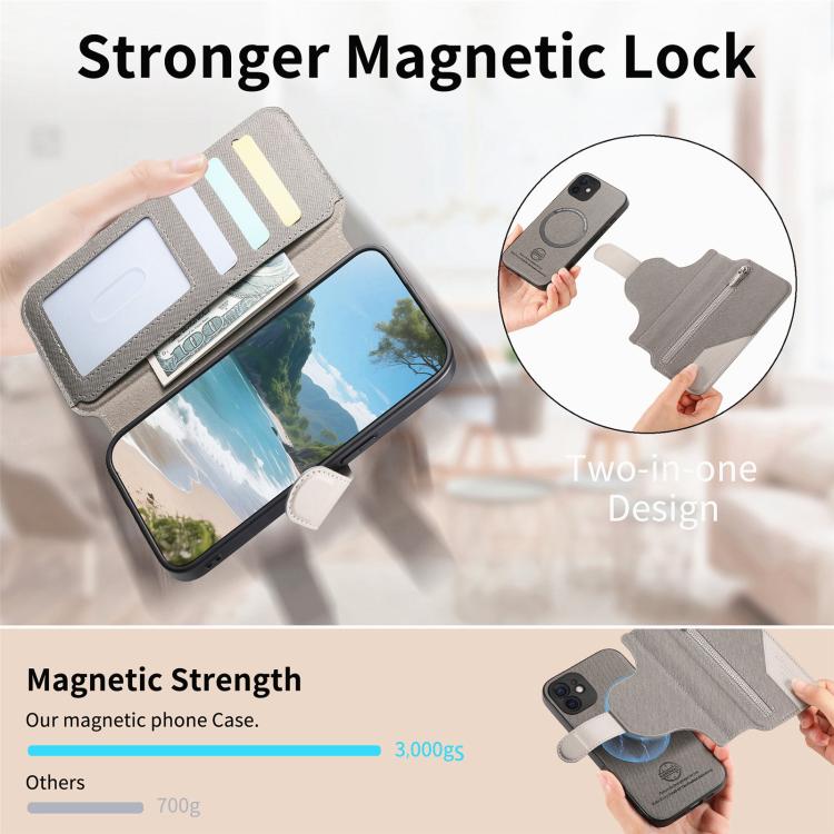 For iPhone 12 Twill Fabric MagSafe RFID Anti-theft Zipper Wallet Leather Phone Case