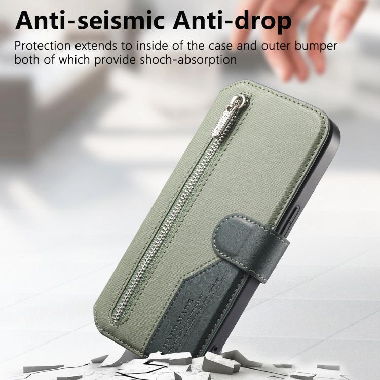 For iPhone 12 Twill Fabric MagSafe RFID Anti-theft Zipper Wallet Leather Phone Case