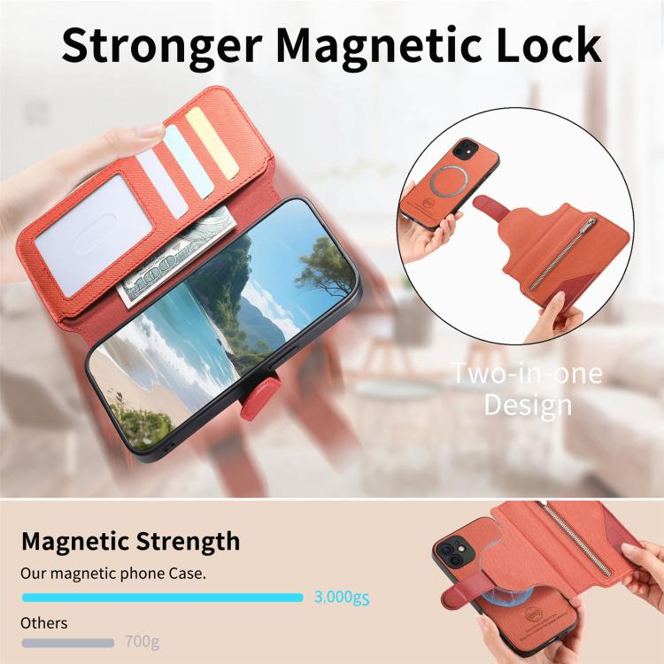 For iPhone 12 Twill Fabric MagSafe RFID Anti-theft Zipper Wallet Leather Phone Case