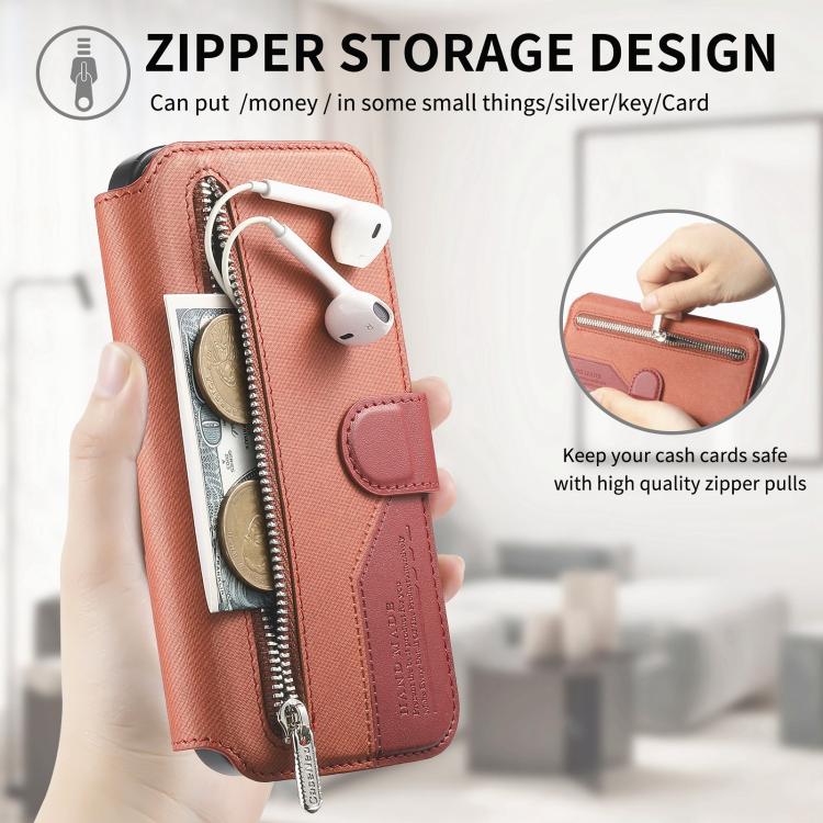 For iPhone 12 Twill Fabric MagSafe RFID Anti-theft Zipper Wallet Leather Phone Case
