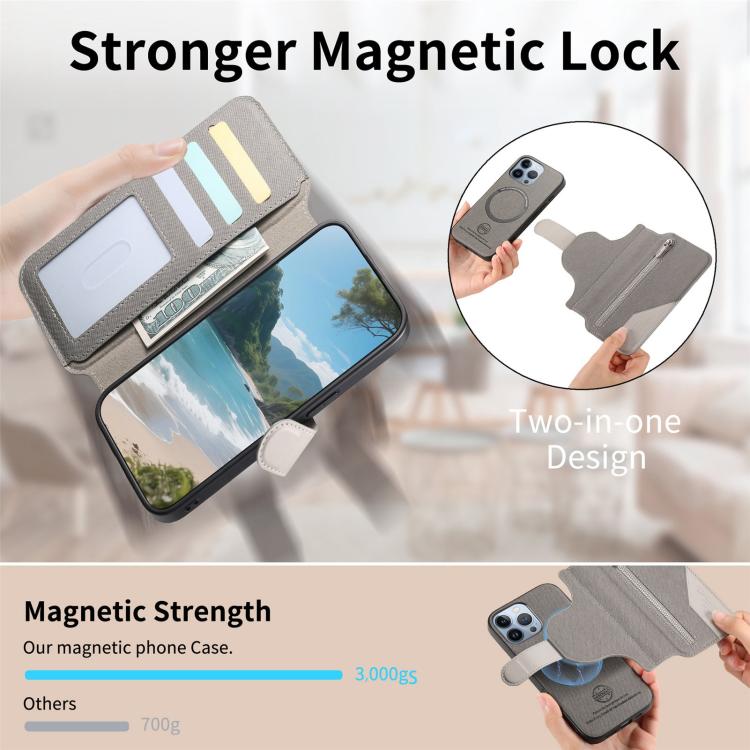 For iPhone 12 Pro Twill Fabric MagSafe RFID Anti-theft Zipper Wallet Leather Phone Case
