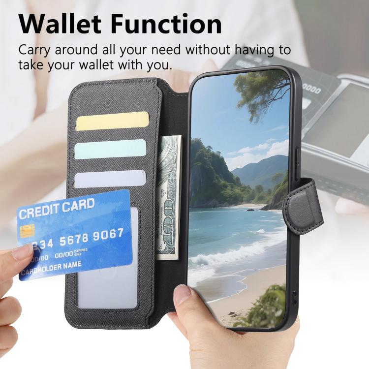 For iPhone 12 Pro Max Twill Fabric MagSafe RFID Anti-theft Zipper Wallet Leather Phone Case