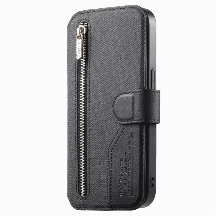 For iPhone 11 Twill Fabric MagSafe RFID Anti-theft Zipper Wallet Leather Phone Case