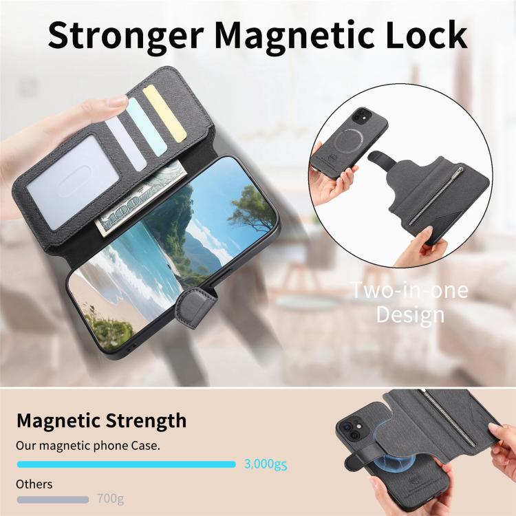 For iPhone 11 Twill Fabric MagSafe RFID Anti-theft Zipper Wallet Leather Phone Case