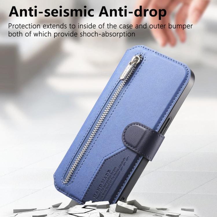 For iPhone 11 Twill Fabric MagSafe RFID Anti-theft Zipper Wallet Leather Phone Case