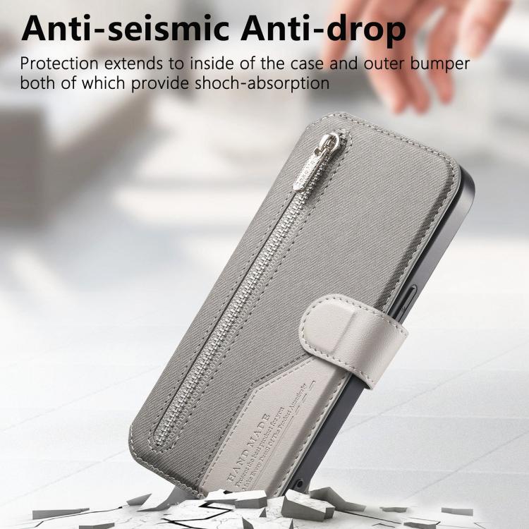 For iPhone 11 Twill Fabric MagSafe RFID Anti-theft Zipper Wallet Leather Phone Case