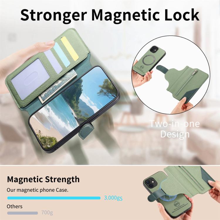 For iPhone 11 Twill Fabric MagSafe RFID Anti-theft Zipper Wallet Leather Phone Case