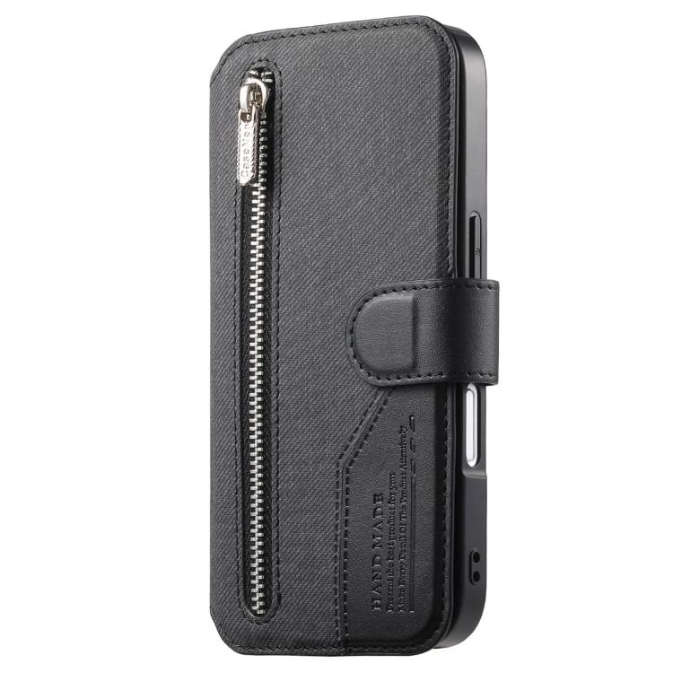For iPhone 17 Pro Twill Fabric MagSafe RFID Anti-theft Zipper Wallet Leather Phone Case
