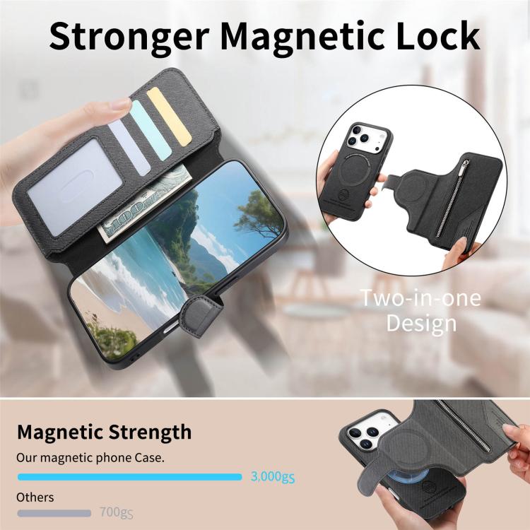 For iPhone 17 Pro Twill Fabric MagSafe RFID Anti-theft Zipper Wallet Leather Phone Case