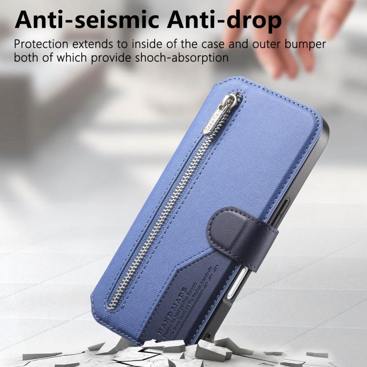 For iPhone 17 Pro Twill Fabric MagSafe RFID Anti-theft Zipper Wallet Leather Phone Case