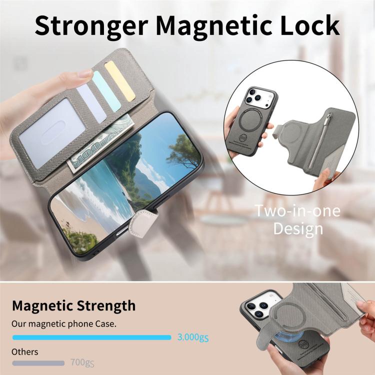 For iPhone 17 Pro Twill Fabric MagSafe RFID Anti-theft Zipper Wallet Leather Phone Case