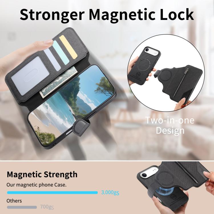 For iPhone Air Twill Fabric MagSafe RFID Anti-theft Zipper Wallet Leather Phone Case