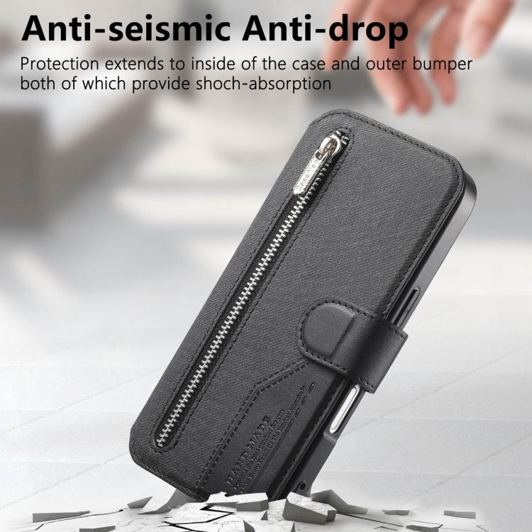 For iPhone 17 Pro Max Twill Fabric MagSafe RFID Anti-theft Zipper Wallet Leather Phone Case