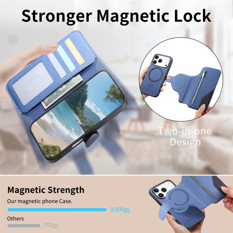 For iPhone 17 Pro Max Twill Fabric MagSafe RFID Anti-theft Zipper Wallet Leather Phone Case