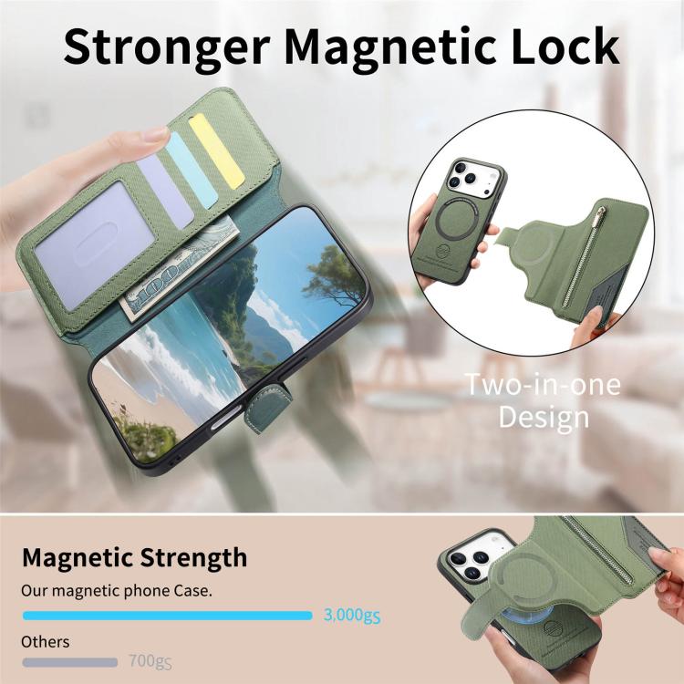 For iPhone 17 Pro Max Twill Fabric MagSafe RFID Anti-theft Zipper Wallet Leather Phone Case