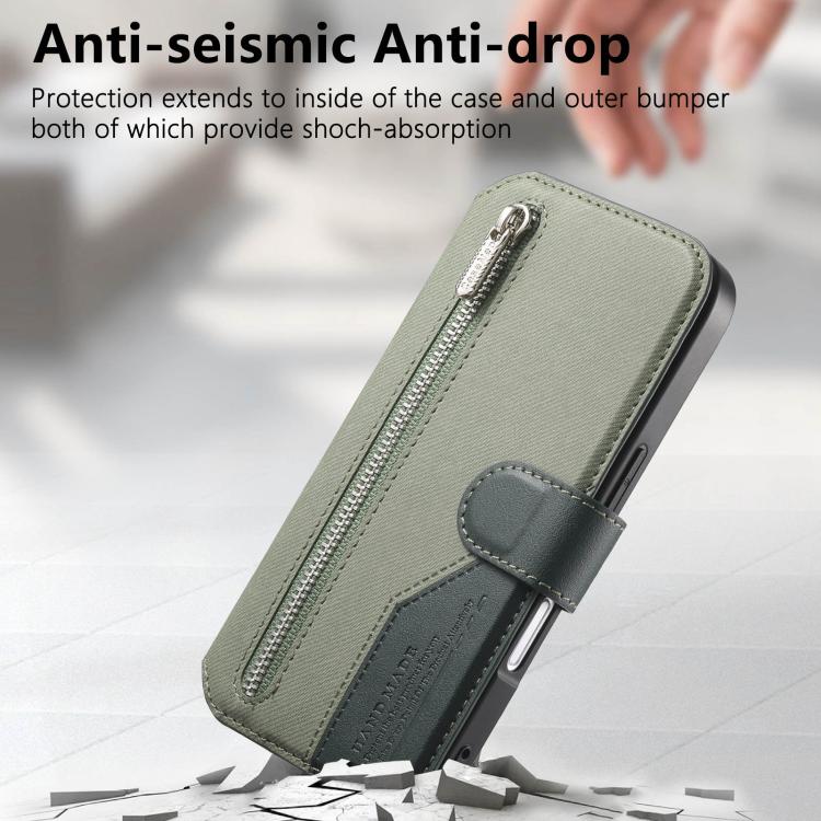 For iPhone 17 Pro Max Twill Fabric MagSafe RFID Anti-theft Zipper Wallet Leather Phone Case