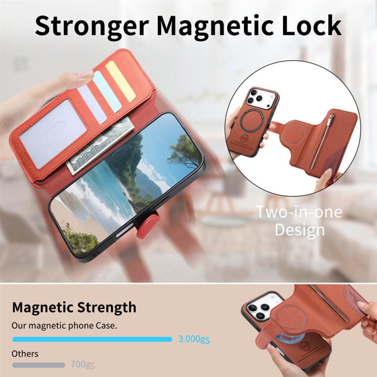 For iPhone 17 Pro Max Twill Fabric MagSafe RFID Anti-theft Zipper Wallet Leather Phone Case