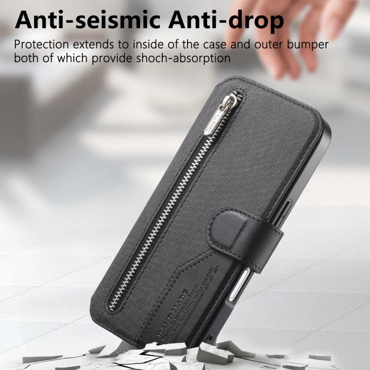 For iPhone 17 Twill Fabric MagSafe RFID Anti-theft Zipper Wallet Leather Phone Case