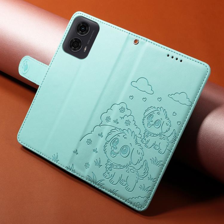 For Motorola Moto G04 / G24 / E14 Embossed Heart Dog RFID Blocking Wallet Leather Phone Case