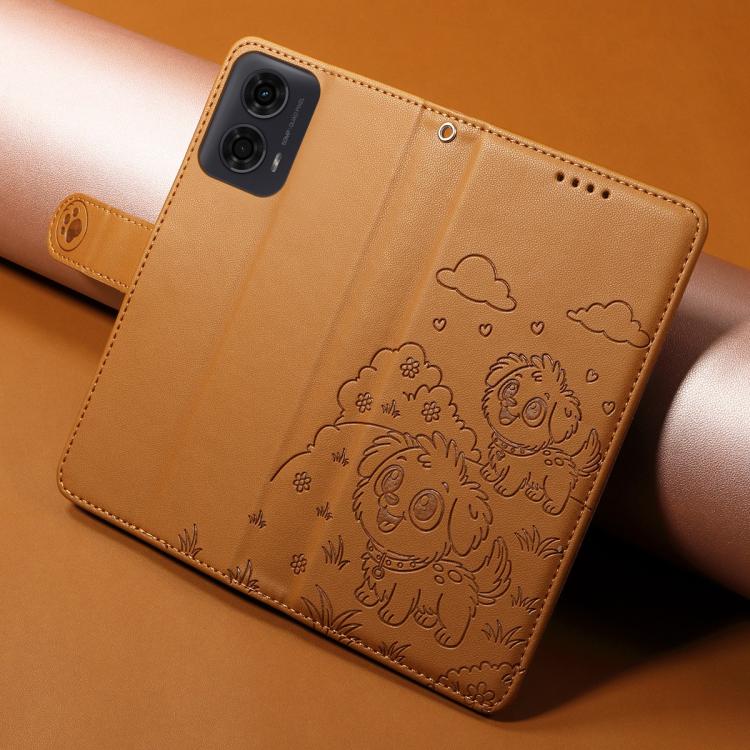 For Motorola Moto G04 / G24 / E14 Embossed Heart Dog RFID Blocking Wallet Leather Phone Case