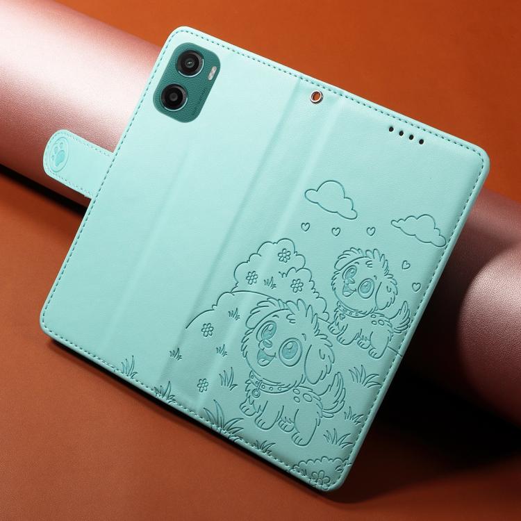 For Motorola Moto G05 / E15 Embossed Heart Dog RFID Blocking Wallet Leather Phone Case