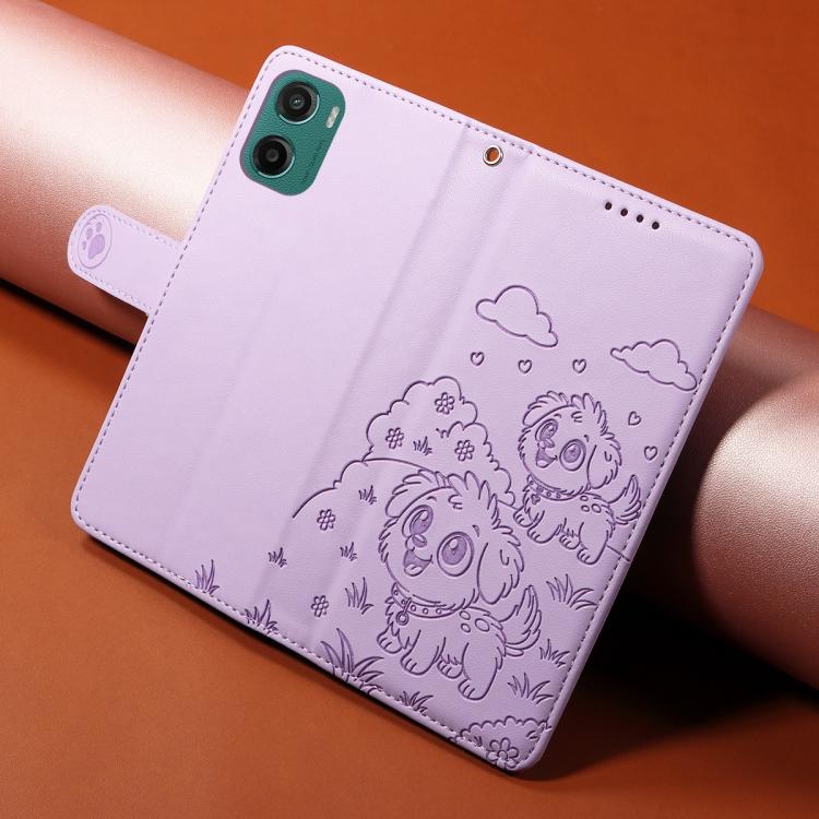 For Motorola Moto G05 / E15 Embossed Heart Dog RFID Blocking Wallet Leather Phone Case