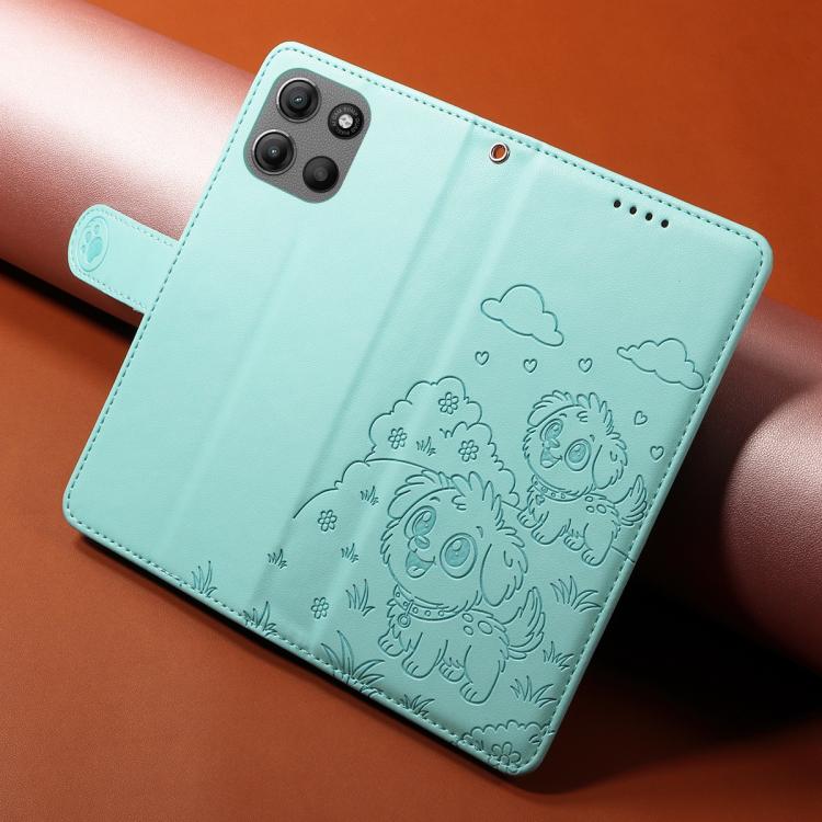 For Motorola Moto G15 / G15 Power Embossed Heart Dog RFID Blocking Wallet Leather Phone Case