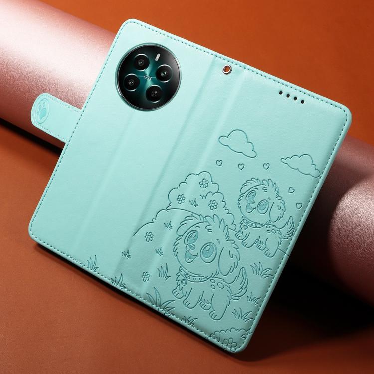 For Realme 12+ 5G / 12 4G Global Embossed Heart Dog RFID Blocking Wallet Leather Phone Case