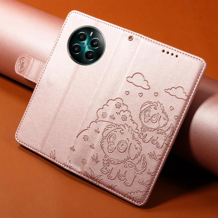 For Realme 12+ 5G / 12 4G Global Embossed Heart Dog RFID Blocking Wallet Leather Phone Case