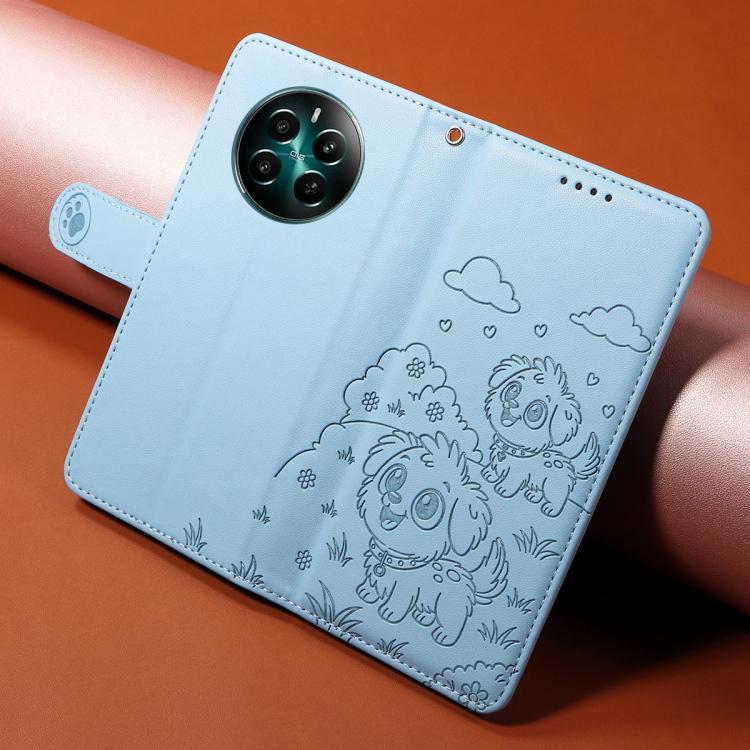 For Realme 12+ 5G / 12 4G Global Embossed Heart Dog RFID Blocking Wallet Leather Phone Case