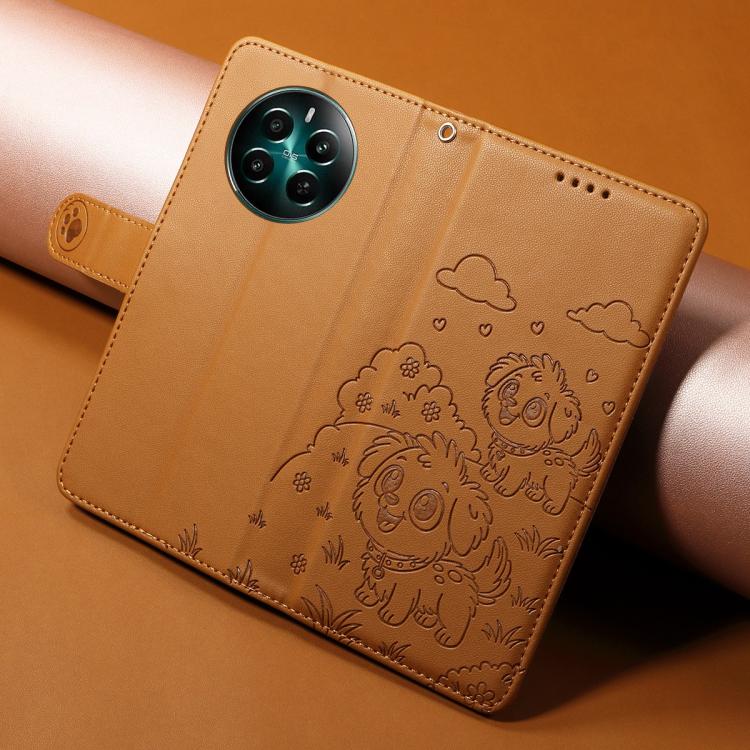 For Realme 12+ 5G / 12 4G Global Embossed Heart Dog RFID Blocking Wallet Leather Phone Case