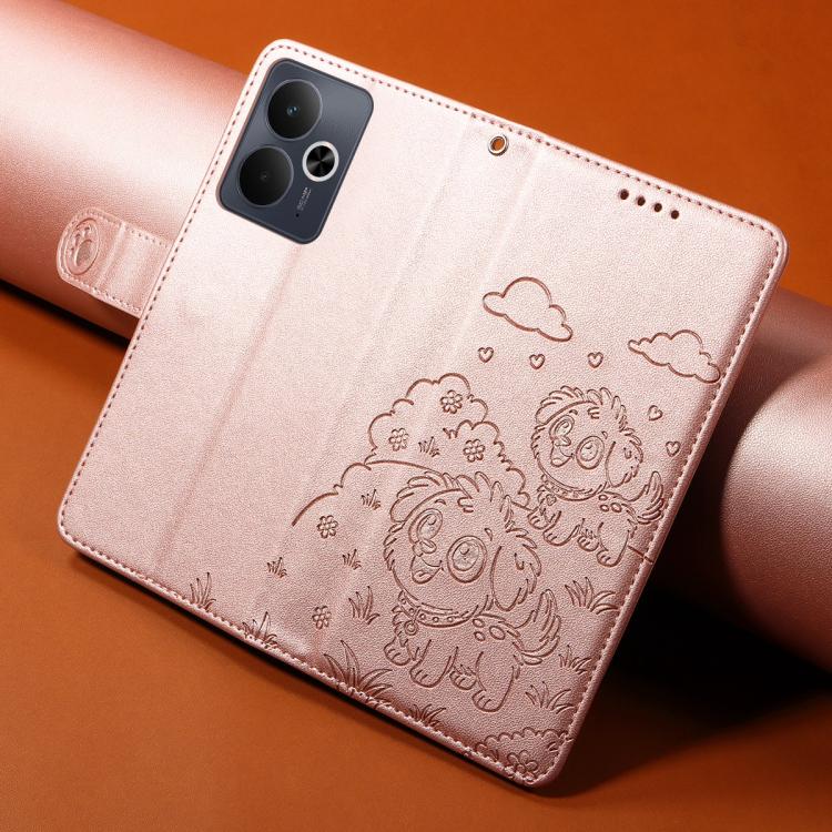 For Realme 14 5G / 14T 5G Global Embossed Heart Dog RFID Blocking Wallet Leather Phone Case
