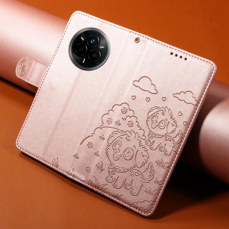 For Realme 14 Pro 5G Global Embossed Heart Dog RFID Blocking Wallet Leather Phone Case