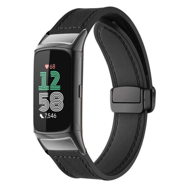 For Fitbit Charge 5 / Charge 6 xDfind Crazy Horse Pattern Silicone Skin Magnetic Buckle Watch Band