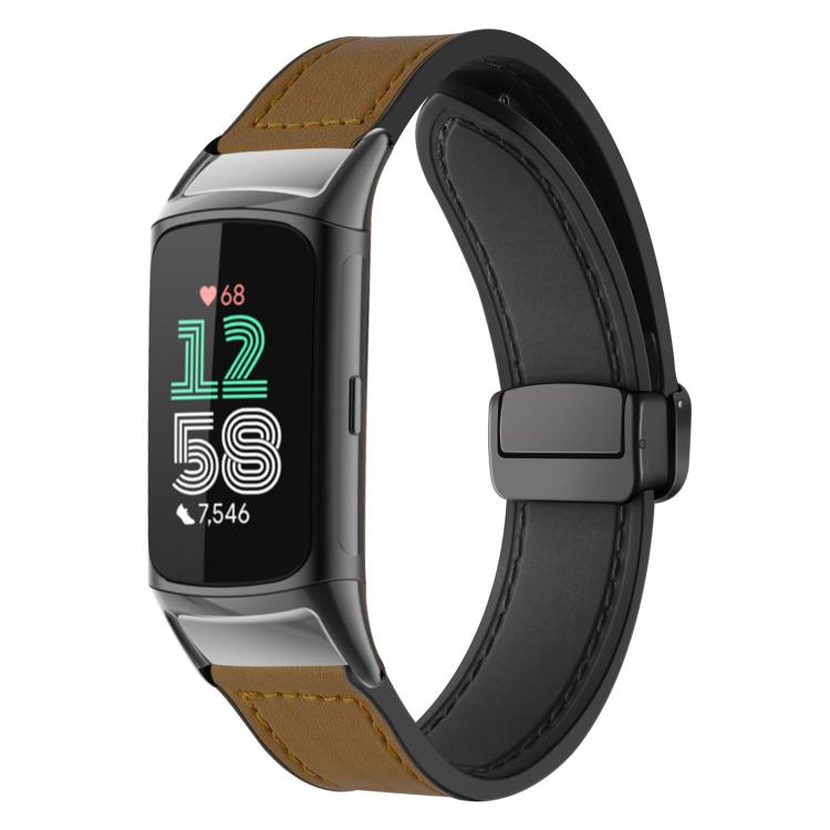 For Fitbit Charge 5 / Charge 6 xDfind Crazy Horse Pattern Silicone Skin Magnetic Buckle Watch Band
