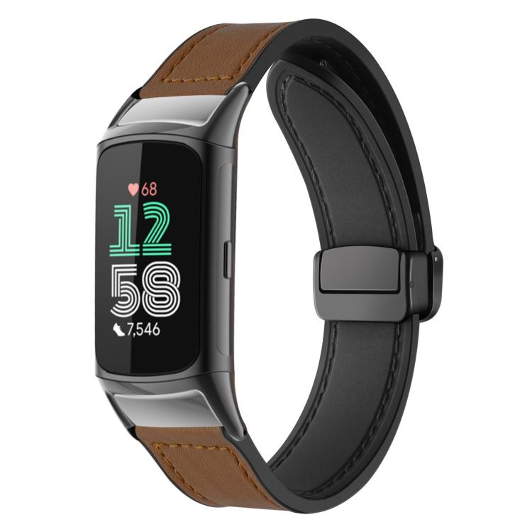 For Fitbit Charge 5 / Charge 6 xDfind Crazy Horse Pattern Silicone Skin Magnetic Buckle Watch Band