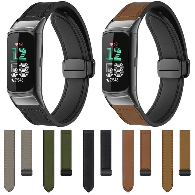For Fitbit Charge 5 / Charge 6 xDfind Crazy Horse Pattern Silicone Skin Magnetic Buckle Watch Band